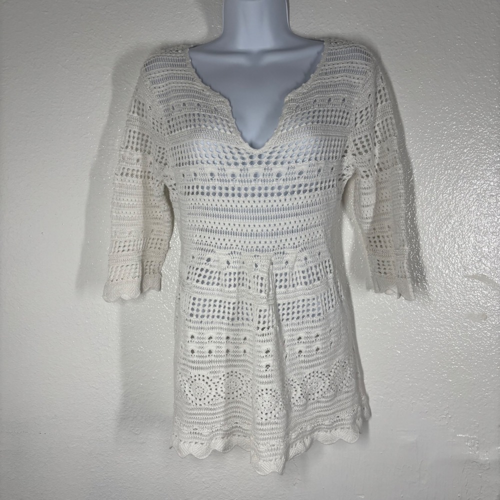 Chelsea & Theodore White Crochet Knit V-Neck Scalloped Top Large Festival Hippie